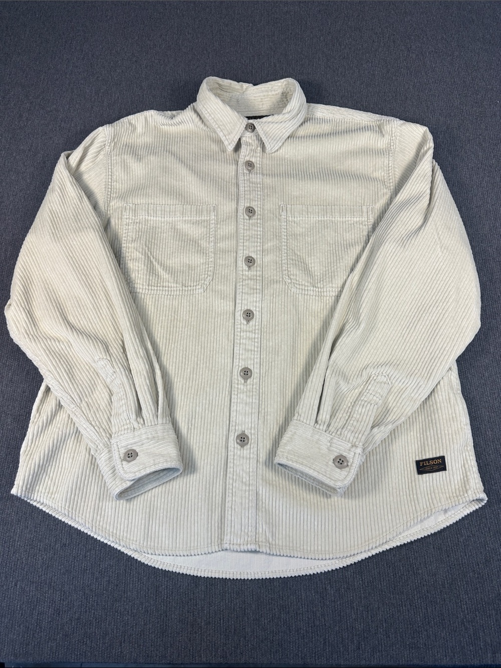 FILSON 6-Wale Corduroy Shirt Khaki Large Heavy Cotton Button Up Work Long Sleeve